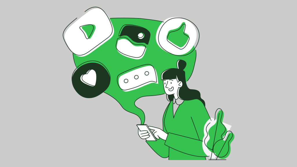Ilustração de mulher usando celular com ícones de redes sociais como curtidas, comentários, vídeo e stories.