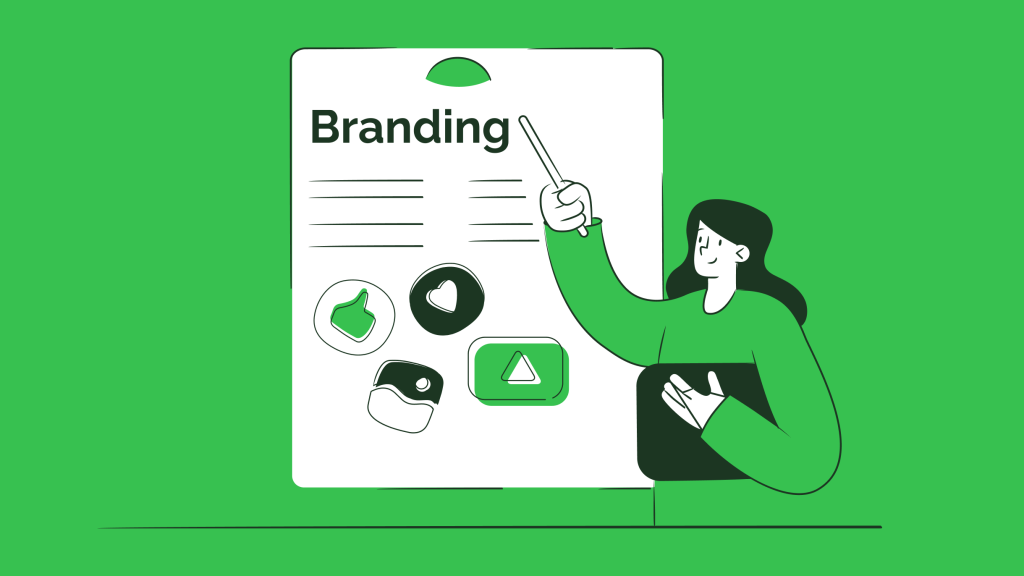 Ilustração de mulher apresentando painel sobre branding com ícones visuais, representando construção de marca.