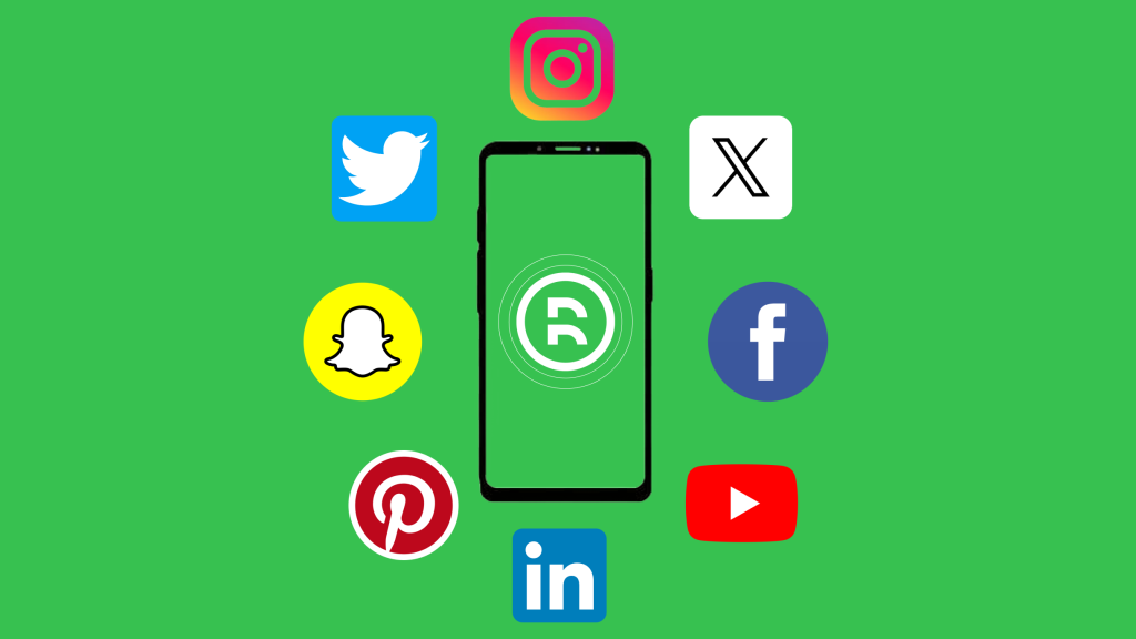 Ilustração com ícones de redes sociais ao redor de um smartphone, representando a presença digital de marcas na internet.