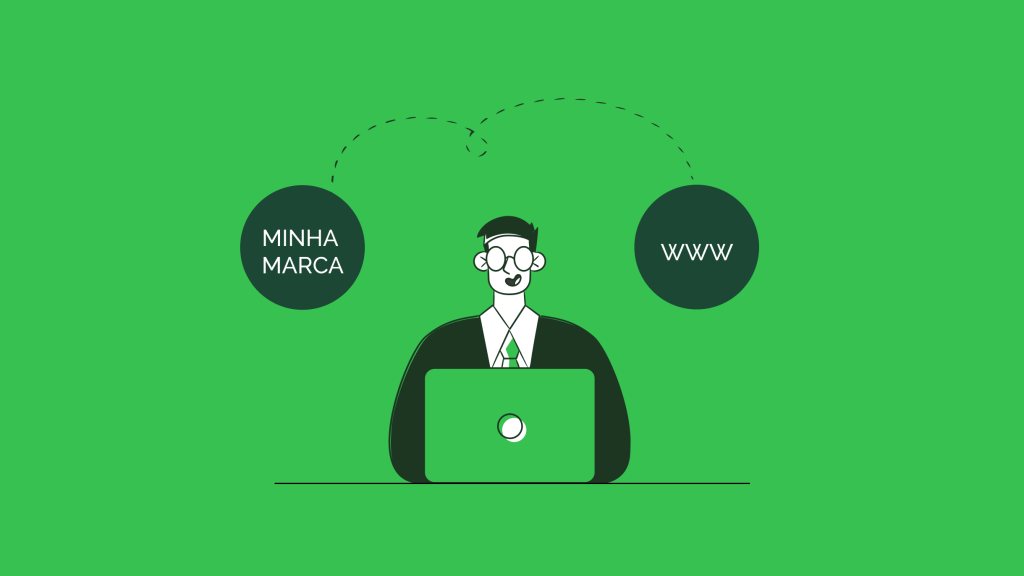 Ilustração de um empreendedor entre os conceitos de “minha marca” e “www”, representando a diferença entre registro de marca e registro de domínio.