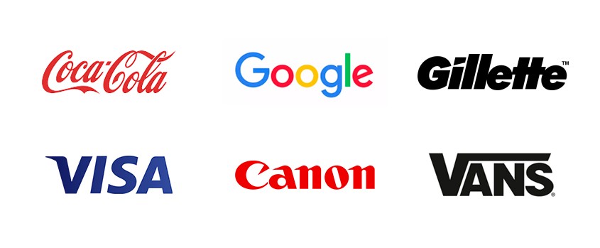 "Conjunto de logotipos de marcas famosas: Coca-Cola, Google, Gillette, Visa, Canon e Vans. Exemplos de logotipos que representam visualmente o nome da marca com tipografias distintas."