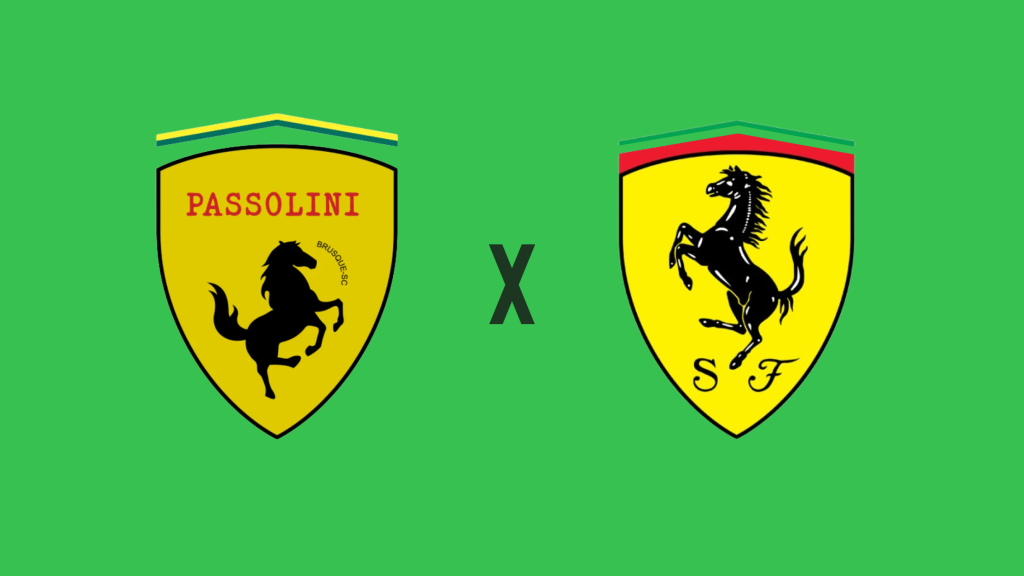 Escudos comparativos da Passolini e Ferrari no processo por uso indevido de marca no Brasil.