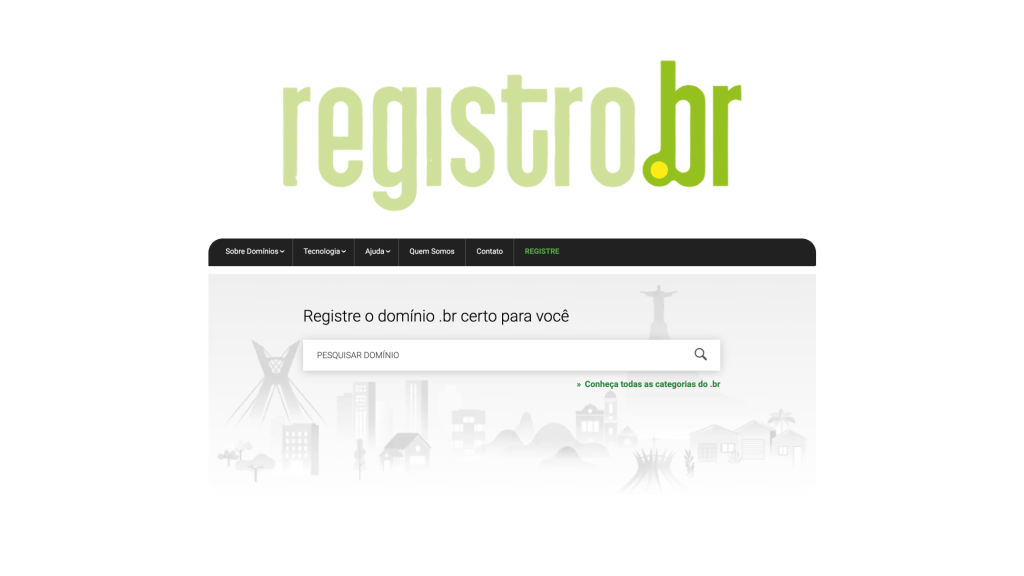 Captura de tela do site Registro.br com campo de pesquisa para registro de domínios “.br” no Brasil.