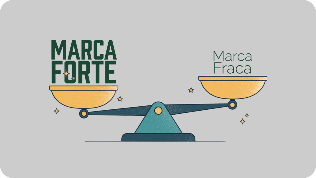 Ilustração de uma balança comparando marca forte e marca fraca, representando a diferença de valor e proteção entre elas.
