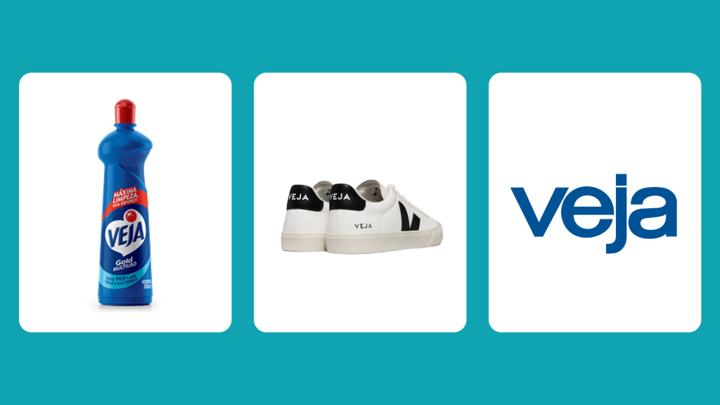 Três marcas diferentes com o nome Veja: produto de limpeza, marca de tênis e logotipo de revista.