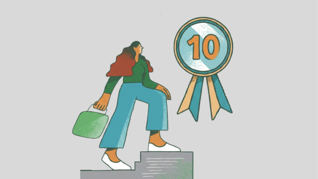 Ilustração de uma empreendedora caminhando em direção a uma medalha com o número 10, representando as 10 ideias de marketing para aplicar no negócio.