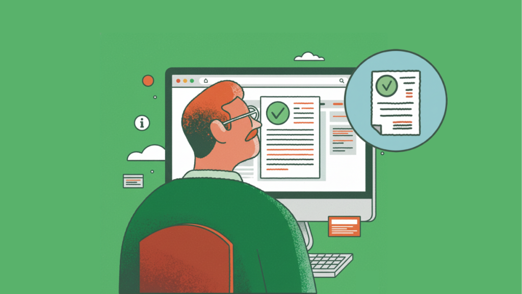 Ilustração de um profissional analisando informações em uma tela, representando o processo de análise de viabilidade de uma marca.