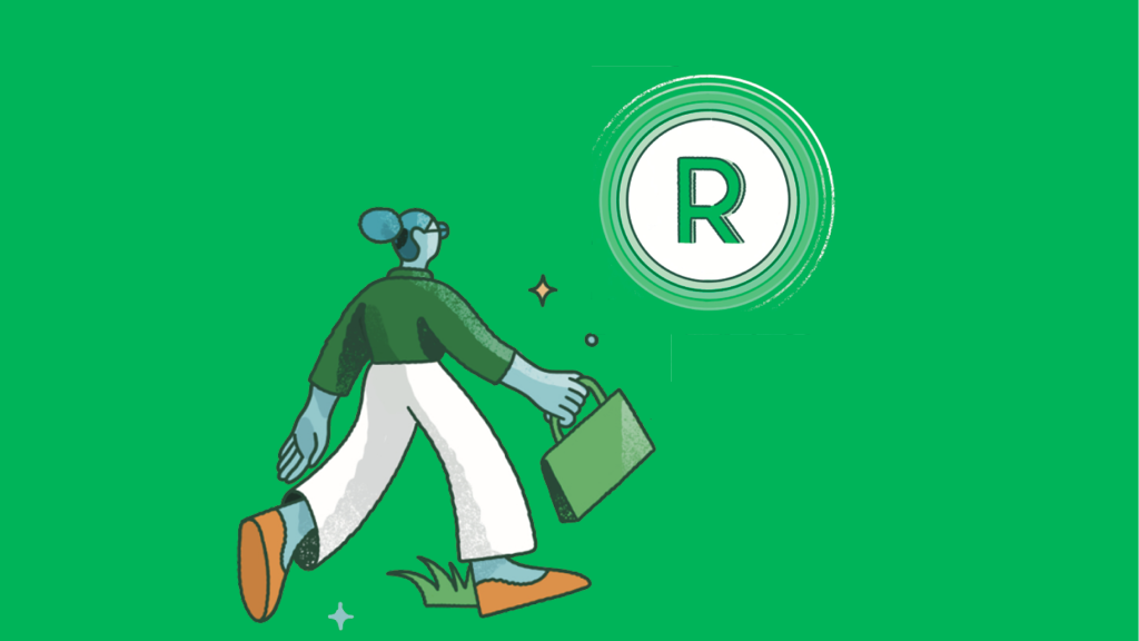 Ilustração de uma pessoa caminhando com uma pasta ao lado do símbolo de marca registrada, representando o conceito de registro de marca.